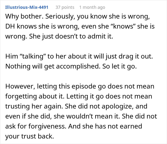 Comment discussing new mom confronting MIL over unhinged behavior and the challenges of trust and forgiveness in family conflicts.