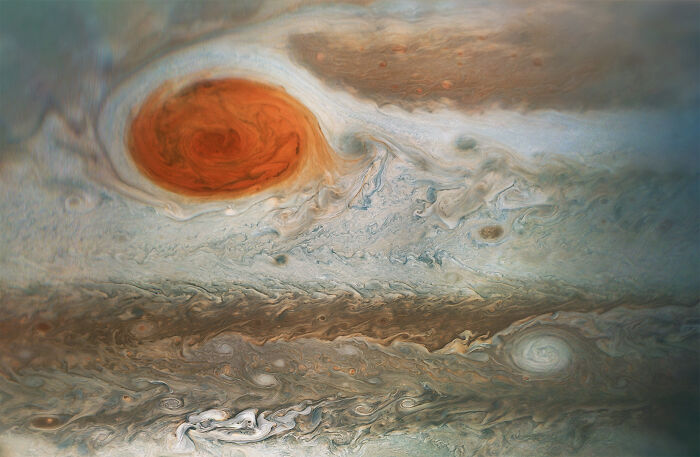 Close-up of Jupiter's atmosphere showing the Great Red Spot in epic astronomy photos of space.