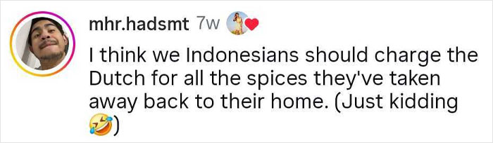 Social media post with a person joking about Indonesians charging the Dutch for spices, relating to Dutch food sharing culture. Social media post with a person joking about Indonesians charging the Dutch for spices, relating to Dutch food sharing culture.