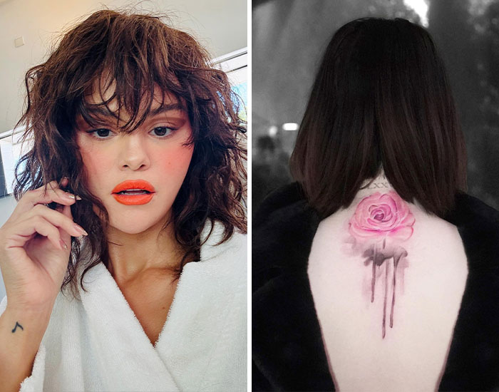 Close-up of a woman with a small wrist tattoo and a pink rose tattoo on the back, showcasing celebrities with tattoos.