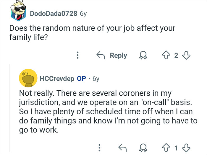 Reddit conversation showing a coroner discussing the impact of their job's random nature on family life.