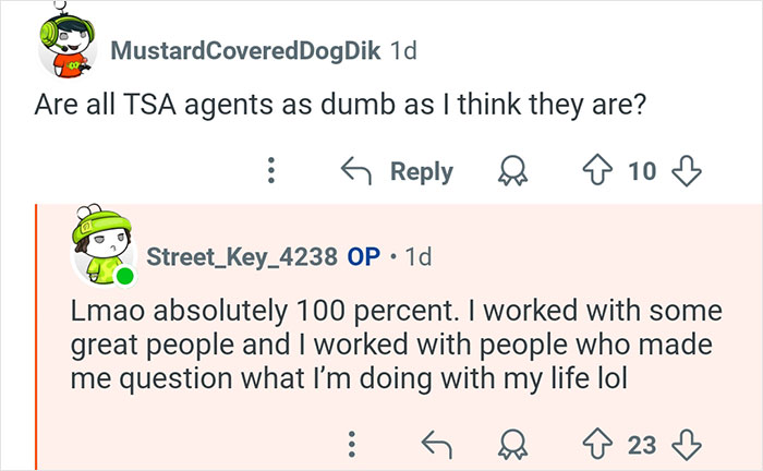 Screenshot of a Reddit thread where a former TSA worker answers questions about TSA agents’ intelligence and experiences.