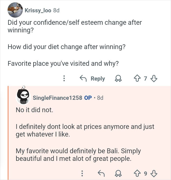 Screenshot of a conversation where a lottery winner discusses confidence, spending habits, and favorite travel destination Bali.