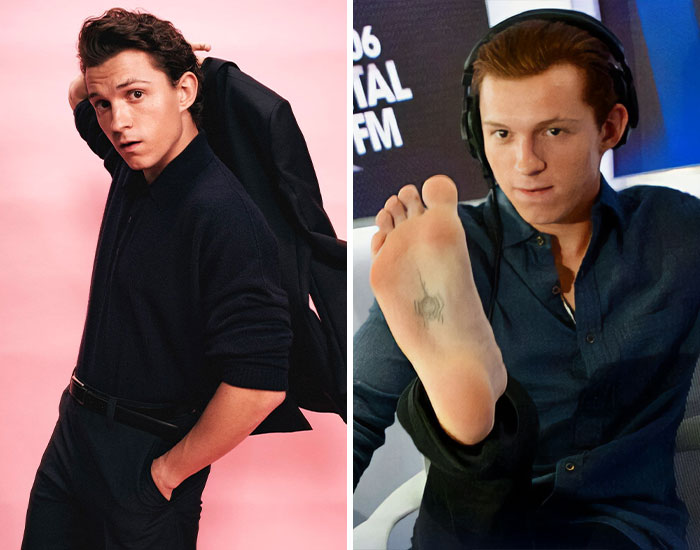 Actor showing a spider tattoo on his foot in a radio studio and posing against a pink background for celebrity tattoo feature.