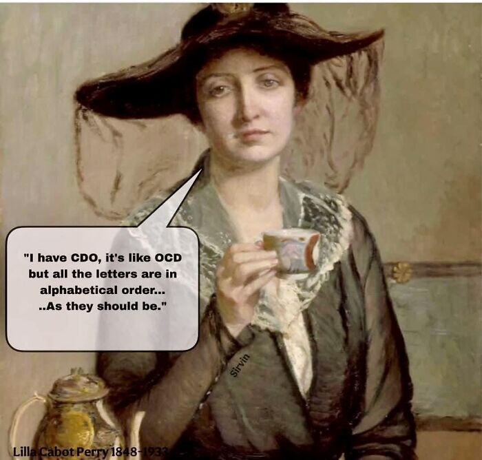 Woman in classical painting holding a teacup with a humorous caption about CDO in a cleverly captioned meme.