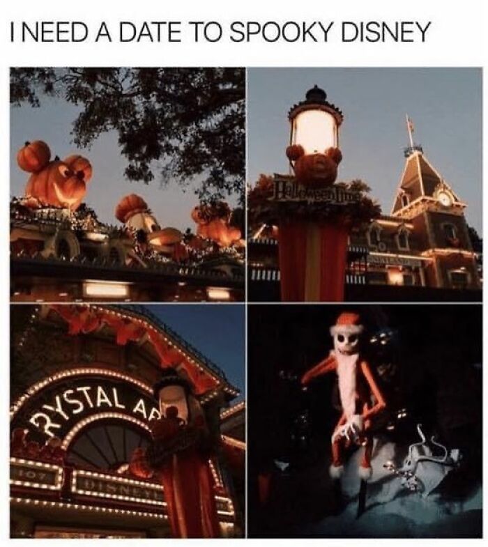 Collage of spooky Halloween decorations and characters at a theme park, perfect for horror and Halloween fans meme.