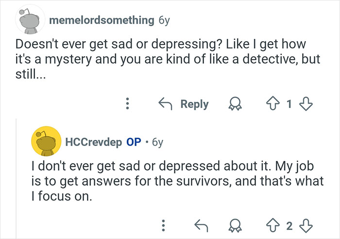 Reddit conversation about the emotional challenges in the job of coroners investigating cases and finding answers.