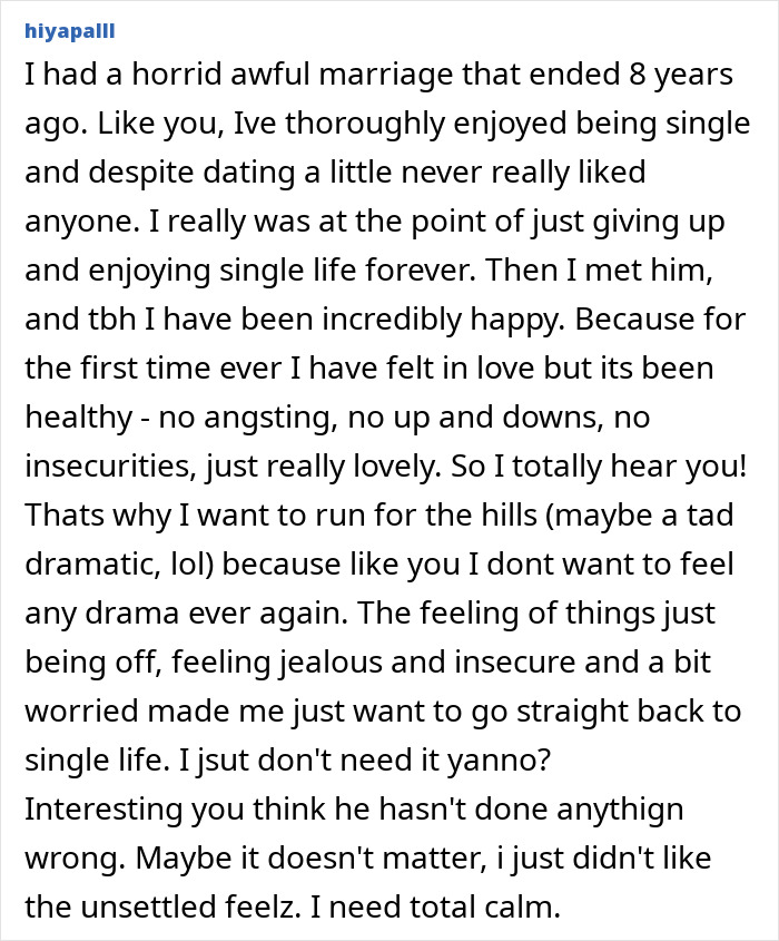 Text post about feeling insecure and jealous in a relationship, struggling with emotions and wanting calm instead.