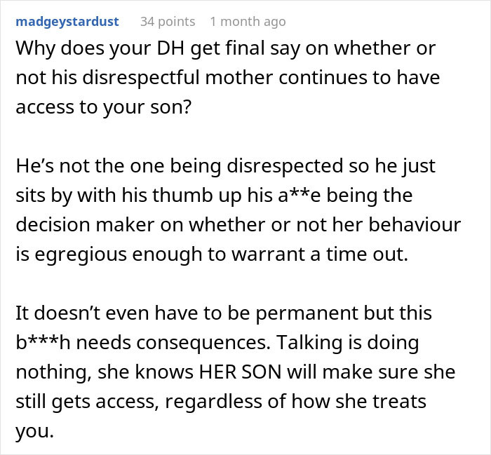 Comment discussing a new mom confronting her mother-in-law over unhinged behavior and the husband&rsquo;s role in access decisions.
