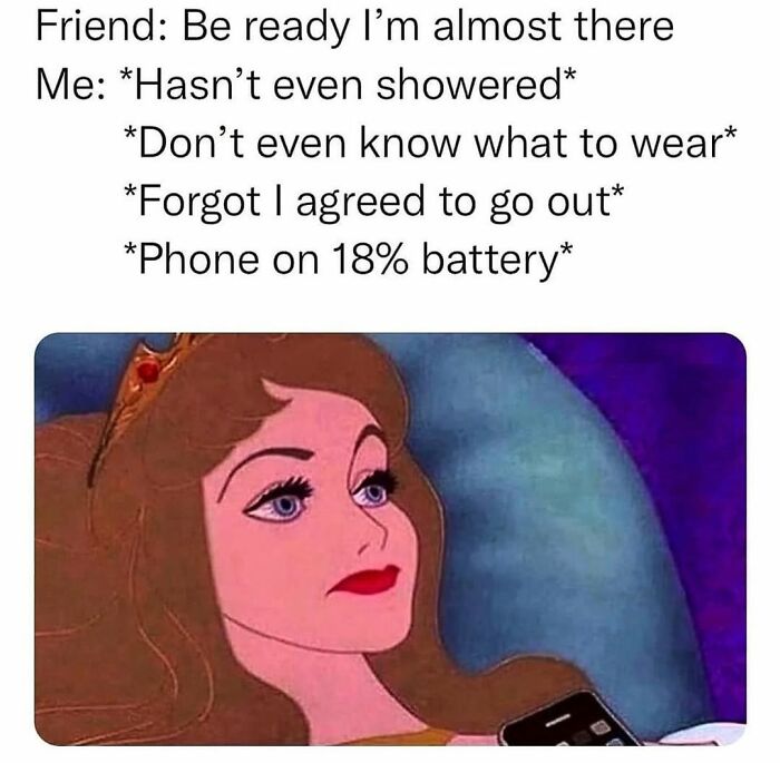 Cartoon princess lying awake in bed with phone, illustrating relatable memes about relationship struggles and daily life moments.