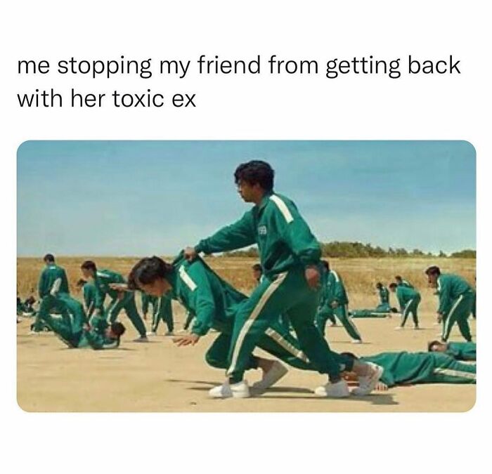 A scene from Squid Game showing one player stopping another, illustrating relatable memes about relationships.