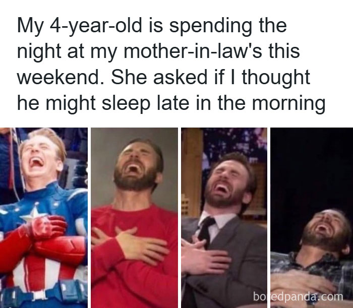 Parenting meme showing four images of men laughing at comment about 4-year-old sleeping late at mother-in-law's house.