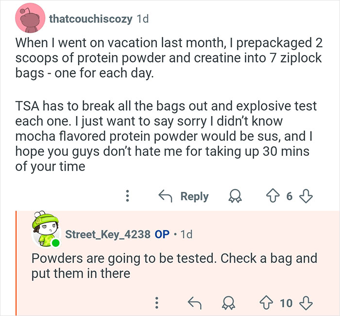 Reddit conversation showing TSA powder testing advice from a former TSA worker answering common traveler questions.