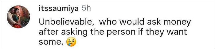 Screenshot of a social media comment expressing disbelief about asking for money after offering food, related to Bulgarian and Dutch food sharing. Screenshot of a social media comment expressing disbelief about asking for money after offering food, related to Bulgarian and Dutch food sharing.