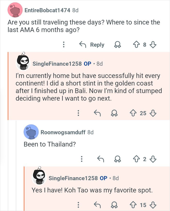 Reddit conversation with person who won $7M in the lottery sharing travel experiences and life updates a year later.