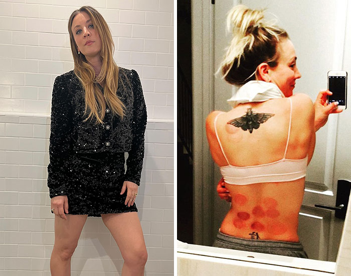 A woman posing with tattoos on her back, including a large moth tattoo, highlighting celebrities with tattoos.