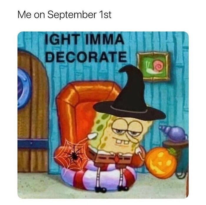 SpongeBob wearing a witch hat sitting in a chair with Halloween decorations ready to decorate for horror and Halloween fans.
