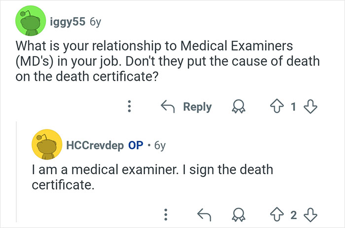 Reddit conversation about medical examiners signing death certificates from interesting and crazy stories of coroners.