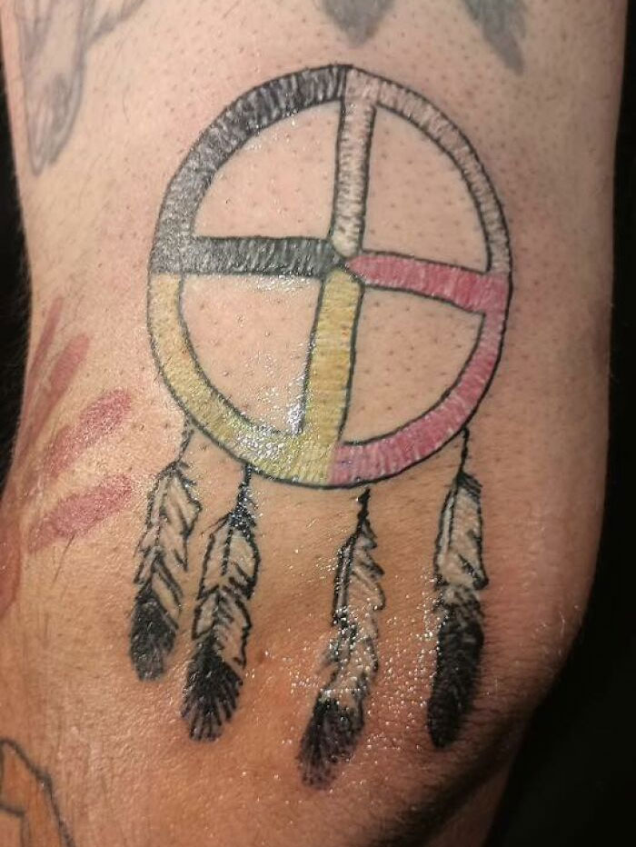 Tattoo of a Native American medicine wheel with four colorful quadrants and four hanging feathers on skin.