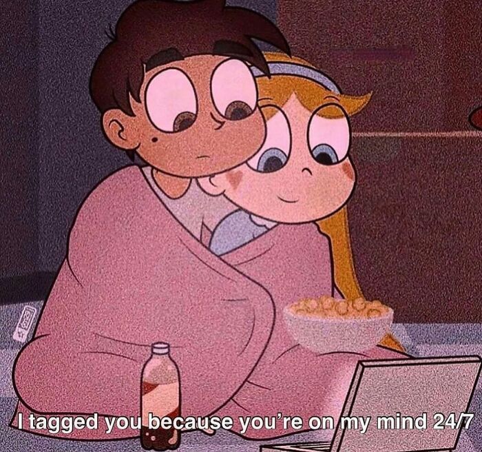 Cartoon couple wrapped in a blanket watching a laptop with relatable memes about relationships and tagged messages.