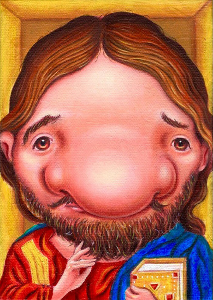 Exaggerated portrait of a bearded man with an oversized nose and colorful clothing in an absurd and endearing style.