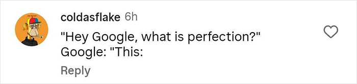 User coldasflake commenting "Hey Google, what is perfection?" with reply from Google saying "This" on social media post about best makeup tutorial ever