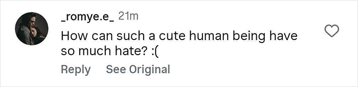 Instagram comment screenshot showing a user expressing confusion about why a cute person receives so much hate.