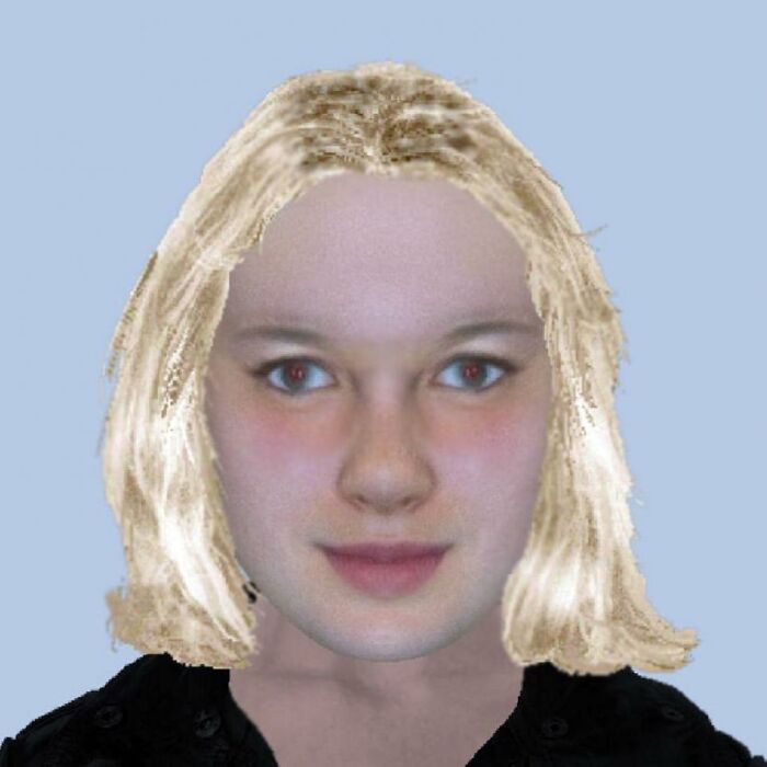 Digital police sketch of a woman with blonde hair and red eyes, looking like a poorly drawn caricature.