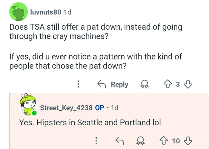 Screenshot of an online Q&A about TSA procedures featuring a former TSA worker answering traveler questions.