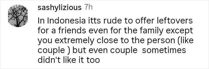 Text post explaining that in Indonesia it is considered rude to offer leftovers to friends except very close people, reflecting cultural food sharing norms. Text post explaining that in Indonesia it is considered rude to offer leftovers to friends except very close people, reflecting cultural food sharing norms.