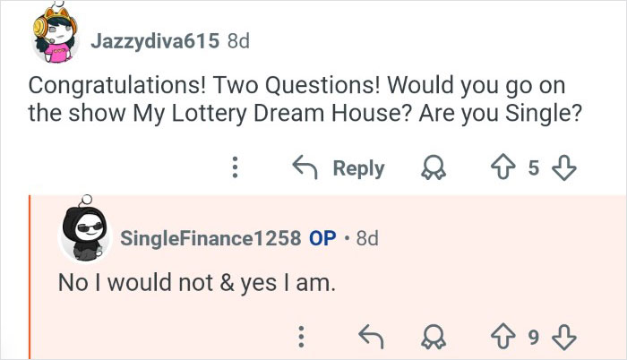 Screenshot of a social media exchange featuring a person who won $7M in the lottery discussing life updates.