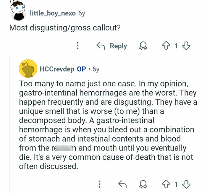Reddit discussion about the most disgusting cases encountered by coroners involving gastrointestinal hemorrhages.