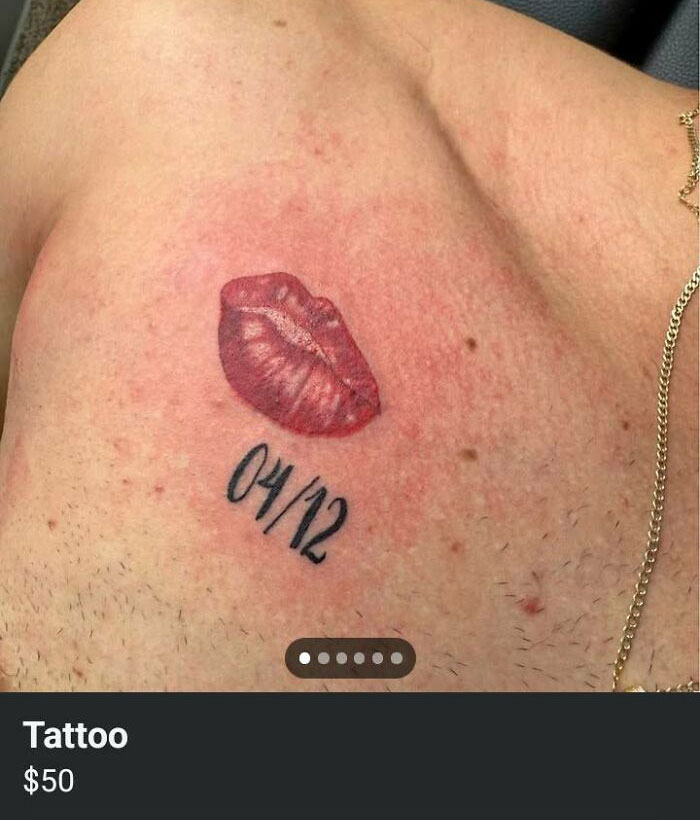 Chest tattoo of red lips with the numbers 04 12 below it, an example of tattoos people allowed on their bodies.