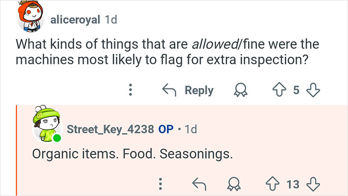 Screenshot of a conversation where a former TSA worker explains items like organic food and seasonings often flagged by security machines.