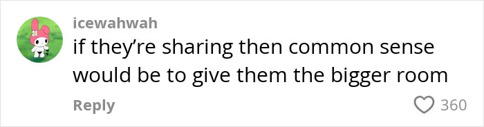 Commenter discussing giving the bigger room to biological daughter, sparking debate about room sizes in the house.