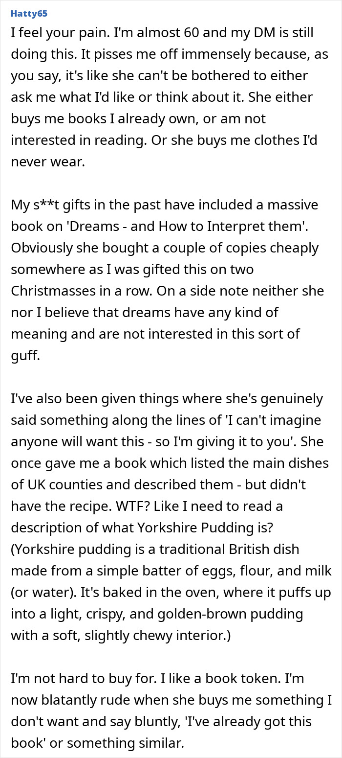 Comment from Hatty65 sharing frustrations about mums giving bad birthday presents like unwanted books and clothes.