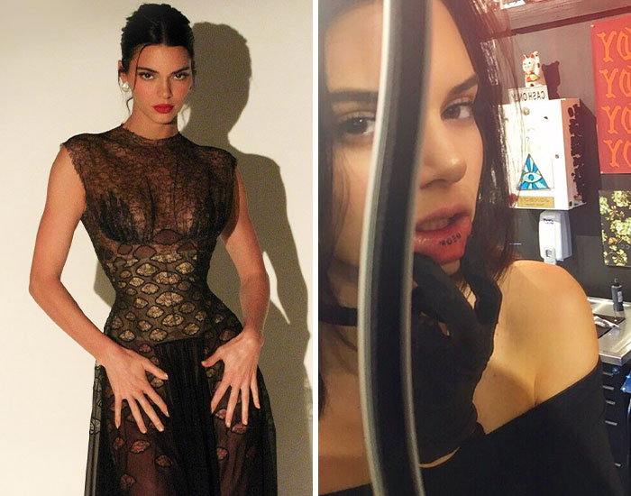 Model with tattoos wearing a sheer black dress on left, close-up of woman with facial tattoo behind a reflective surface on right.