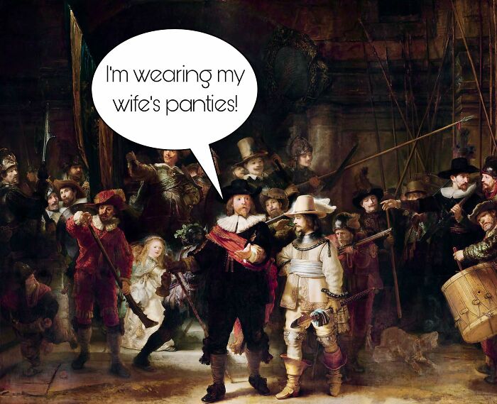 Classical painting with a speech bubble humorously captioned, creating one of the funniest memes using clever classical art.