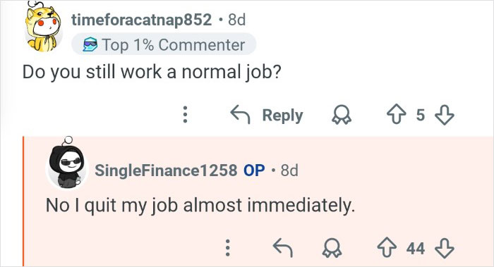 Screenshot of online comments discussing quitting work after winning $7M in the lottery, sharing life experiences a year later.