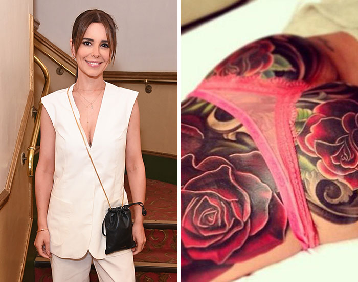 Woman in white outfit smiling indoors next to a close-up of colorful rose tattoos on skin with pink lingerie visible.