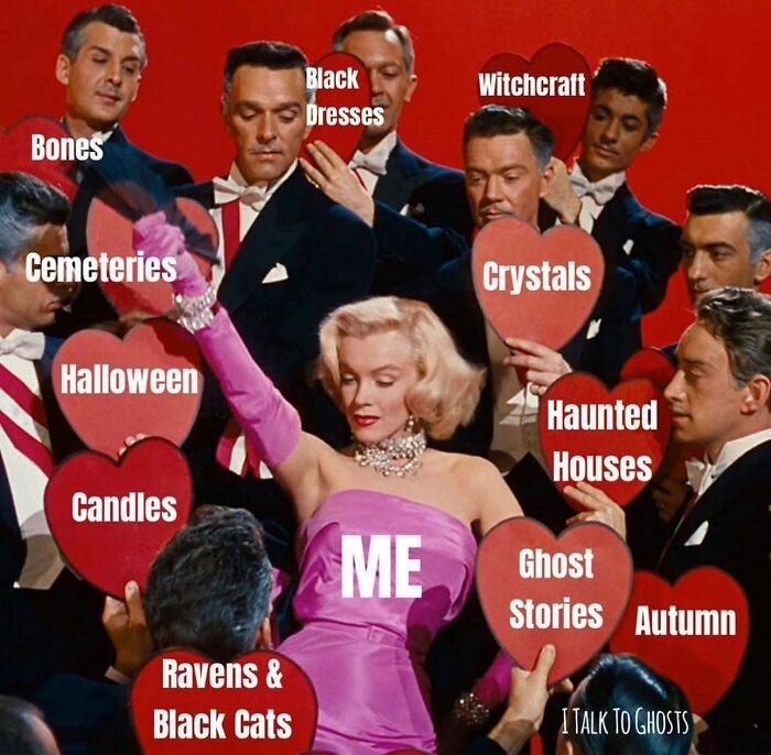 Marilyn Monroe in a pink dress holding a heart labeled me, surrounded by hearts with horror and Halloween fan favorites.