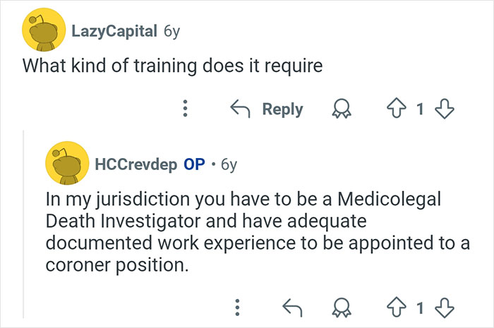 Reddit conversation discussing medicolegal death investigator training and requirements for coroner positions.