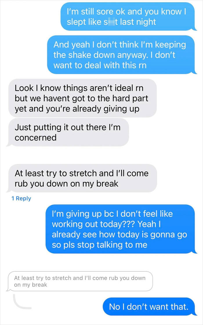 Text message exchange showing a man accusing pregnant girlfriend of playing the victim for being too sore and tired to work out.