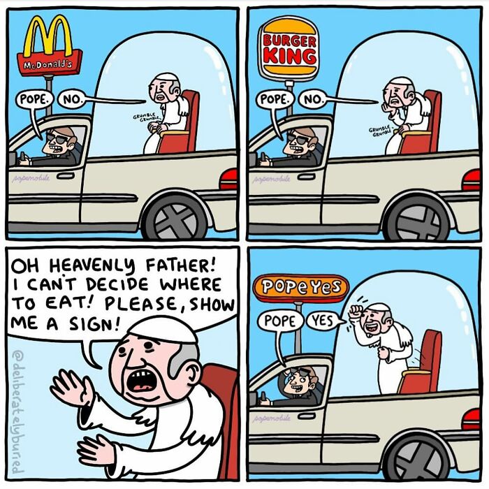 Comic with unexpected endings showing a man confused by fast food signs, fitting darker sense of humor theme.