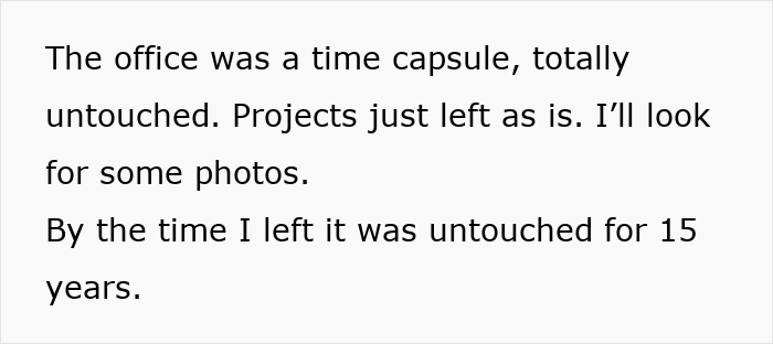 Text describing an office frozen in grime, untouched for 15 years, linked to cleaning out a deceased coworker&rsquo;s space.