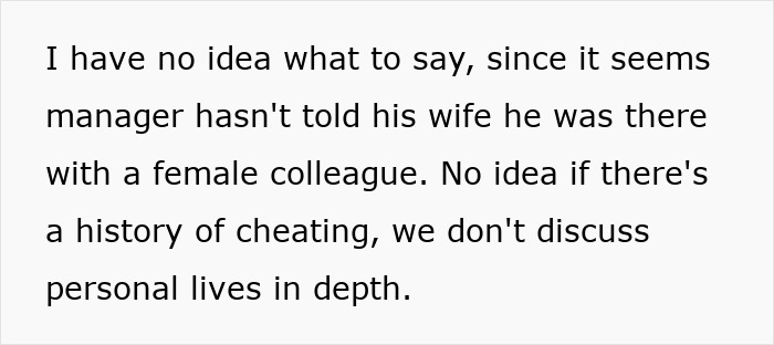 Text excerpt about a boss, wife, and innocent worker discussing possible misunderstanding related to an affair claim.