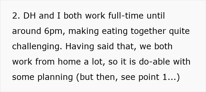Alt text: A typed note discussing the challenges of eating together as a family due to full-time work schedules and planning hurdles.