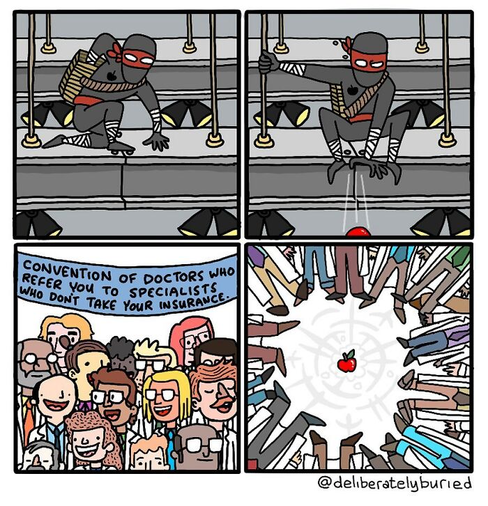 Comic panels featuring a dark humor artist’s unexpected twist involving ninjas and a medical insurance convention.