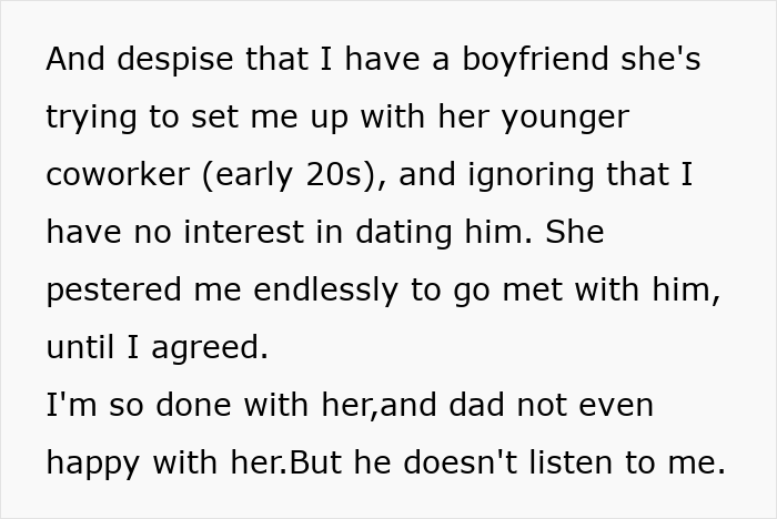 Text excerpt showing conflict and control issues in a stepmother family relationship involving dating pressure. Text excerpt showing conflict and control issues in a stepmother family relationship involving dating pressure.