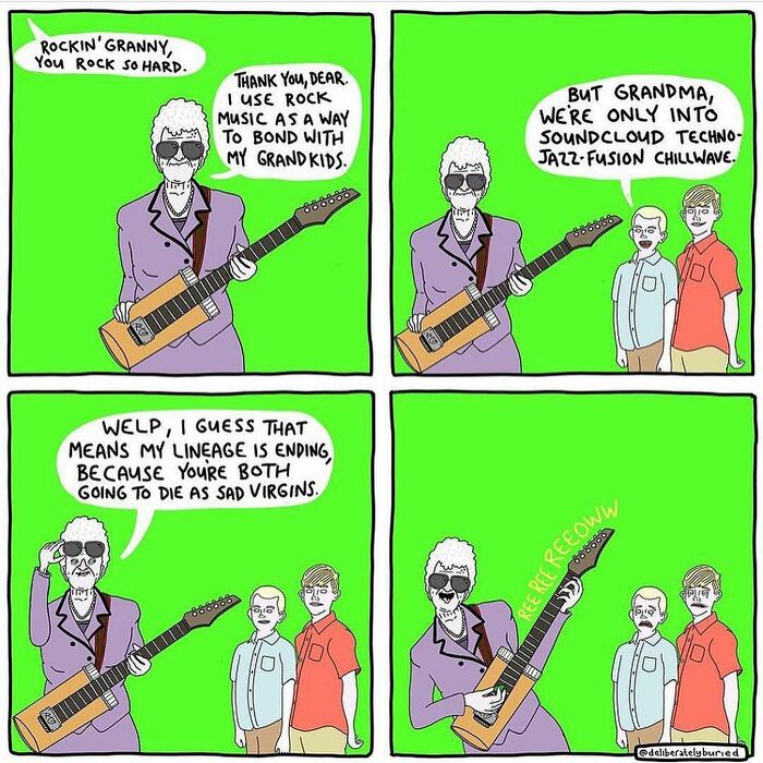 Comic of a grandmother playing rock guitar with a darker sense of humor and an unexpected ending.